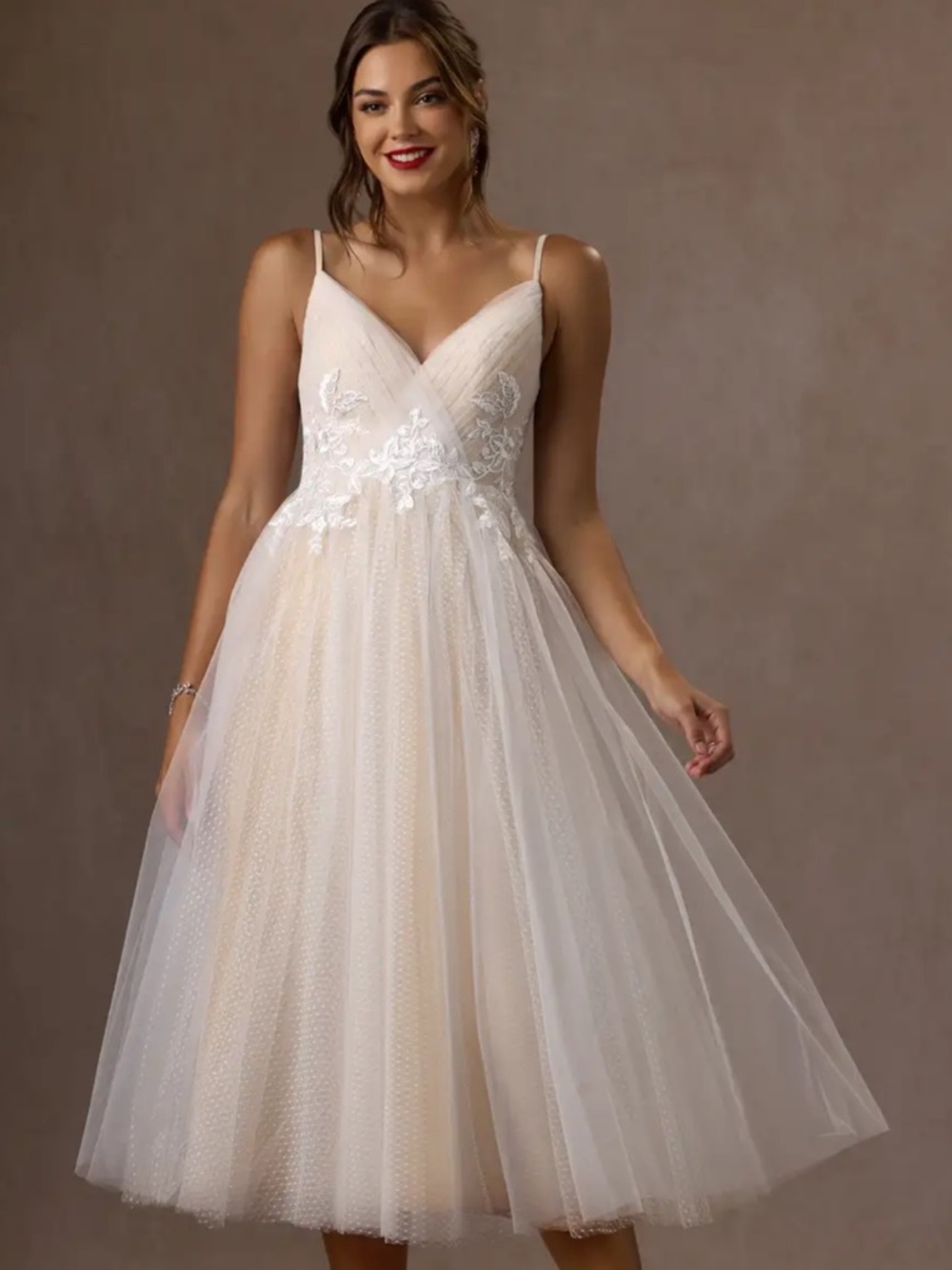 NWT Azazie Ivory Spaghetti-Strap Lace-Appliqué Midi Dress